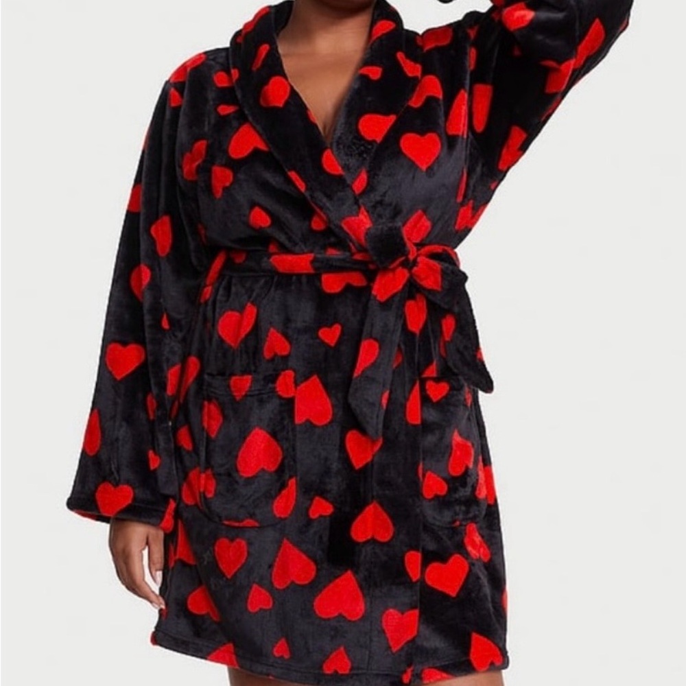 Victoria's Secret Black Plush Robe with Red Heart Print